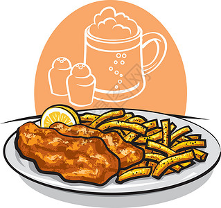 酱焖鱼鱼和薯条土豆油炸面糊食物白色啤酒盘子午餐插图英语设计图片