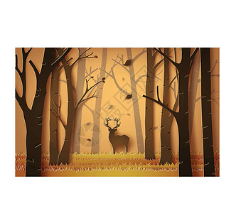剪纸鹿森林里的鹿植物木头公园剪纸牛皮纸橙子丛林环境农村季节设计图片