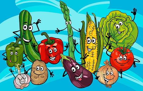培根芦笋有趣的蔬菜团体卡通插图Name壁球土豆童话棒子食物卡通片吉祥物茄子维生素紫色设计图片