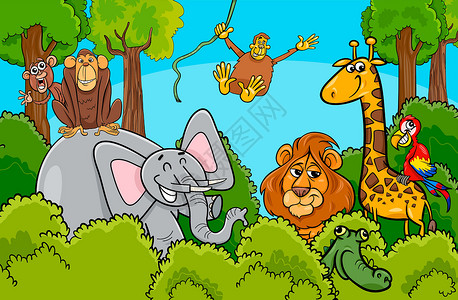 丛林大象野生动物字符组卡通漫画插图友谊绘画微笑鹦鹉衬套团体荒野快乐设计图片