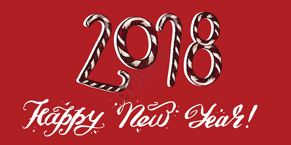 2018 年新年 冬季卡片 上面有糖果和红色背景的新年快乐字样 矢量图背景图片