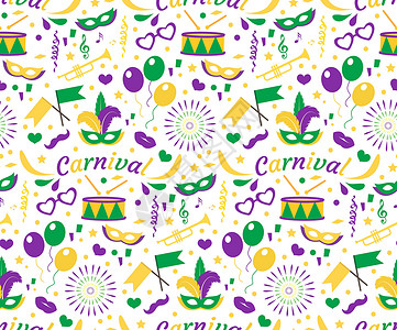德沙雷特狂欢节狂欢节无缝图案与面具羽毛 珠子 肥胖星期二无尽的背景 纹理 墙纸 紫色 绿色 黄色的节日背景 矢量图设计图片