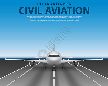 旅行社广告素材跑道上的民用客机喷气式飞机 商业现实飞机概念前视图 飞机在蓝天旅行社广告海报设计设计图片