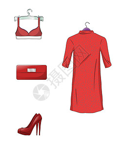 装衣服的篓子一套优雅的红色女装和配饰 孤立在白色背景上 矢量图物品裙子脚跟销售收藏离合器女士衣服胸罩手提包设计图片