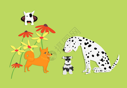 牵着狗火腿肠长着绿色花朵的有趣和可爱的小狗设计图片