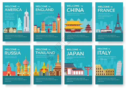 泰国曼谷文化美国 英国 中国 法国 俄罗斯 泰国 日本 意大利卡片组 传单 杂志 海报 书籍封面 横幅的世界旅行 布局信息图表模板插图页设计图片