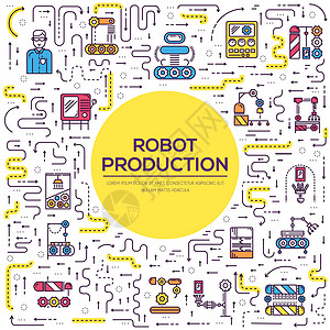 从事机器人组装线矢量轮廓概念工作的人 机器人生产薄线插图 使用打字标语文本设计板条的挂号推介会工程科学创新工具高科技操作员机械臂设计图片