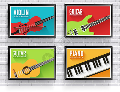 胎教钢琴班海报五颜六色的古典乐器背景 乐器平面设计设计图片
