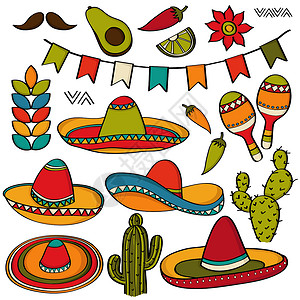 沙希辛达孤立在白色背景上的涂鸦墨西哥符号集合设计图片