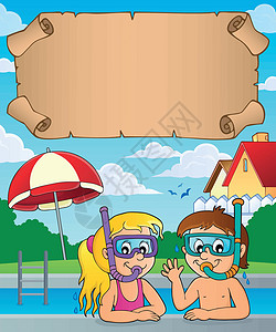 潜水女孩小型羊皮纸和小孩潜泳潜水员设计图片