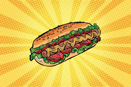 潜艇热狗三明治热狗配沙拉和西红柿设计图片