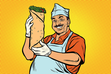 带皮牛肉微笑的东方街头食品厨师 烤肉串沙瓦玛完成设计图片