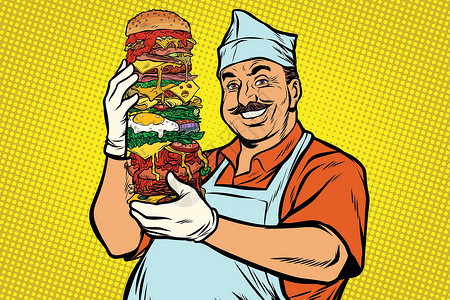 牛肉大汉堡微笑的东方街头食品厨师 大布尔格设计图片