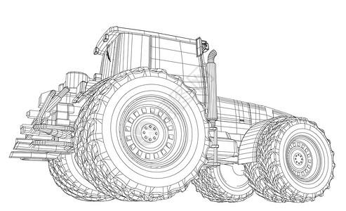 乡村图孤立在白色背景上的线框拖拉机 追踪图 3土地卡车车辆农场粮食车轮艺术机器收成力量设计图片