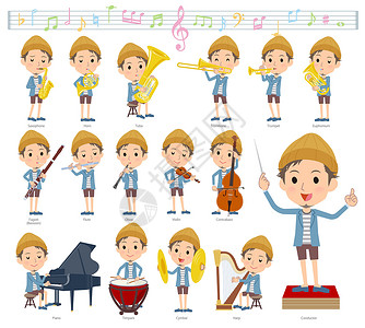 男孩笛子乐器夹克 短裤铙钹大号喇叭大提琴文化针织帽导体萨克斯管音鼓长笛设计图片