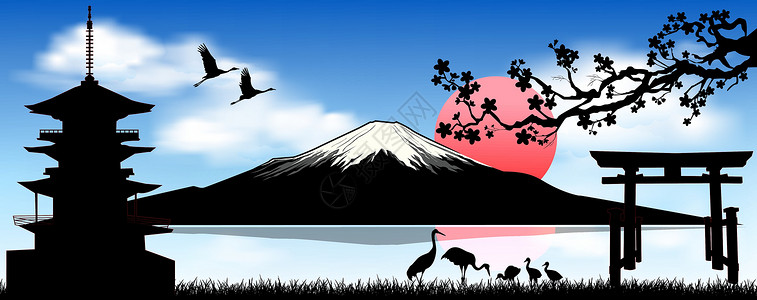 日本浅间神社与富士山富士山早晨的日出设计图片