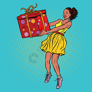 可爱女孩礼物带礼品盒的非洲妇女设计图片