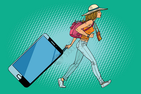 手提箱妇女有智能手机的妇女旅客 小工具而不是行李箱设计图片