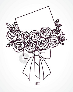 玫瑰线玫瑰花束与留言车邀请函明信片压痛丝带框架花束婚礼喜悦玫瑰插图设计图片
