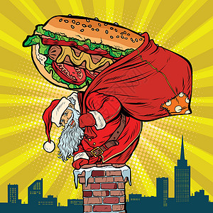 可爱热狗圣诞老人带着热狗爬上烟囱 送食物设计图片