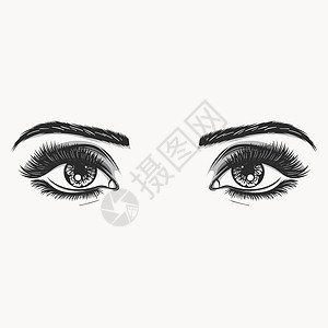手绘睫毛膏孤立的黑白美丽的女性眼睛套装 - 打开和闭合 假冒空白模板矢量插图设计图片