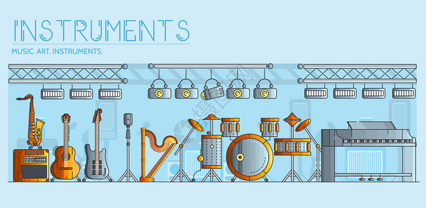 各种不同的乐器和演奏设备 布局现代矢量背景插图设计概念萨克斯麦克风录音机吉他文化记录手鼓乐队小提琴艺术设计图片