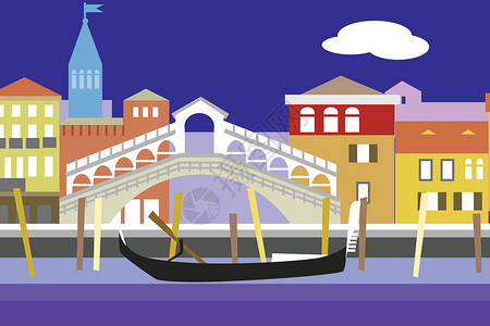 威尼斯市丰富多彩的平面样式矢量图 有路堤建筑和吊船的城市景观 您的设计的构成旅行天际卡片天空地标全景商业工艺运河水云设计图片