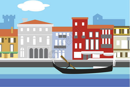 威尼斯市丰富多彩的平面样式矢量图 有路堤建筑和吊船的城市景观 您的设计的构成插图横幅水云商业明信片市中心卡片天际天空地标设计图片