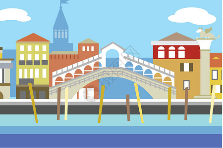 威尼斯学院桥威尼斯市多彩的平板向量插图 城市景色带有堤岸和建筑物 构成设计全景蓝色建筑天空卡片旅行商业横幅运河明信片设计图片