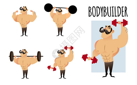 卡通举重运动员坚固的肌肉运动健体建筑机组 卡通字符胸部插图姿势举重身体运动员重量大男子杠铃强人设计图片