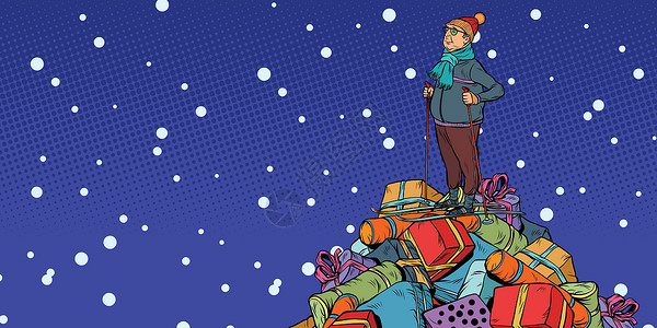 穷圣诞购物礼品 中年滑雪男子 在山上设计图片