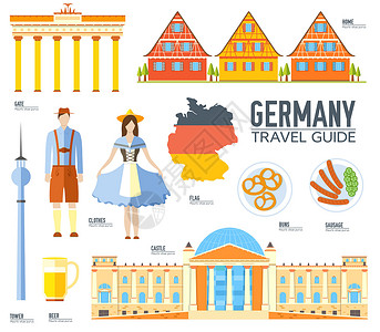 欧洲旅游宣传国家德国旅游度假指南的商品 地点和功能 集建筑 人物 文化 图标背景概念于一体 用于网络和移动设备的信息图表模板设计 在平面样式设计图片