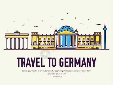 德国柏林国家德国旅游度假的地方和特点 集体系结构 项目 自然背景概念 信息图表传统民族平面 轮廓 细线图标设计图片