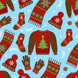 可爱圣诞节图案节日圣诞节无缝模式 冬天的衣服无尽的纹理背景 温暖的服装背景 它制作图案矢量水彩毛衣羊毛手套包装纺织品假期季节卡通片帽子设计图片