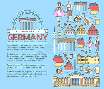 德国图林根国家德国旅游度假指南的好去处和特点 一套建筑人文化图标背景概念 用于网络和移动设备的信息图表模板设计 细线样式联邦城市旗帜纪念碑设计图片