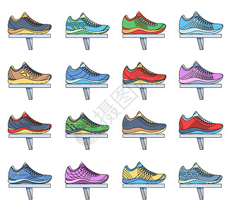 大鞋和小鞋运动鞋背景的大平面插图集合 矢量概念元素图标 为您设计海报网络和移动应用程序的彩色模板运动健身房男生橡皮跑步青年文化女孩鞋类男人设计图片