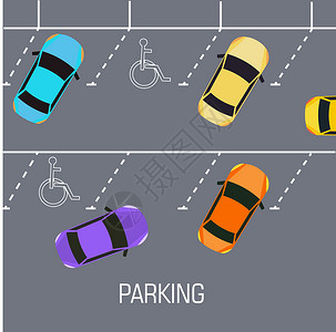 许多对象平面泊车一个汽车背景概念 矢量插图设计设计图片