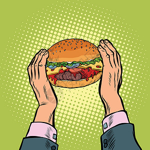 加大人流行的手里拿着一个汉堡 快餐店设计图片