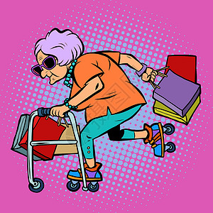 奶奶拿包有 shoppin 的活跃老太太设计图片