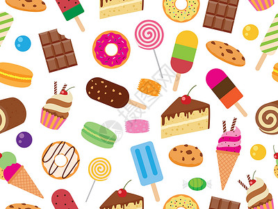 巧克力樱桃蛋糕白色背景上的甜甜甜甜点无缝模式 - 矢量插图设计图片