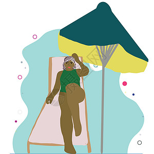 躺椅漂浮在海中黑人妇女在雨伞下躺在躺椅上休息设计图片