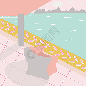 泳池边状态查看从夏季露台 海景 粉色绿松石颜色设计图片