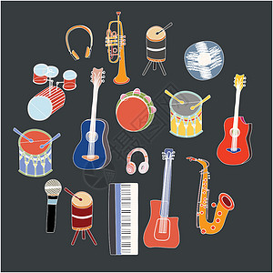 鼓组五颜六色的乐器在 blac 上的圆圈设计图片