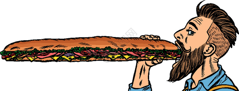 大石卷玉子男人吃了一个长三明治营养午餐沙拉早餐野餐叶子美食熟食艺术蔬菜设计图片
