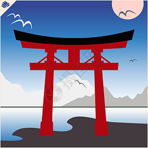 老翼伏励日本传统的forrii门 天空和山峰宗教橙子建筑神社建筑学木头神道地标寺庙文化设计图片