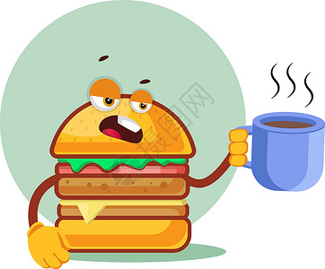 三明治咖啡汉堡包拿着咖啡杯 插图 白巴上的矢量设计图片