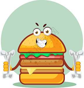 插画肉多汉堡在白背上拿着两个骨头插画矢量设计图片