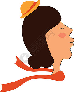 一顶帽子一个年轻女子的画像 戴着一顶橙色的小帽子 与 whi 隔离设计图片
