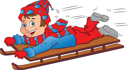 穿蓝衣服的男孩兴奋男孩在雪橇上的矢量设计图片