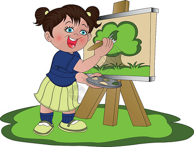 女孩手拿调色板女孩画在画布上的矢量插图绘画水彩微笑帆布职业闲暇卡通片童年幸福设计图片